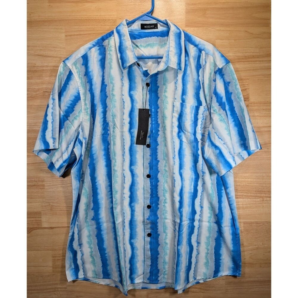 MCEDAR Mens XL Blue Watercolor Stripe Button Shirt Short‎ Sleeve Casual NWT